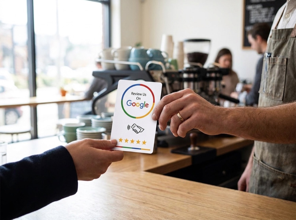 Barista handing a card to a customer