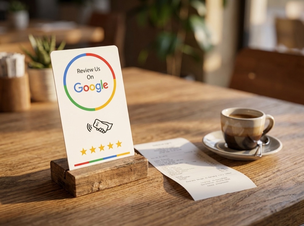 SwayReviews Google review card on a restaurant table