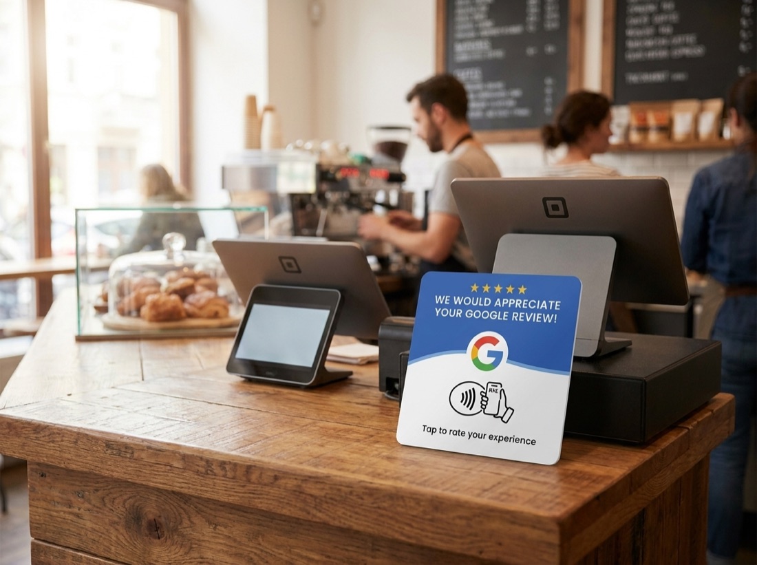 SwayReviews NFC Google review plate on a cafe counter