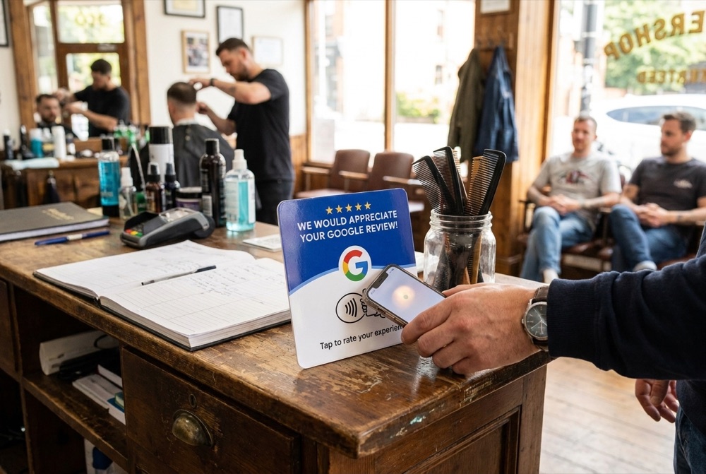 Customer tapping their phone on a SwayReviews Google review plate at a barbershop
